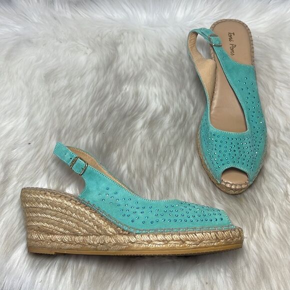Toni Pons Turquoise Studded Wedge Peep Toe Espadrilles Sz 39/US 8 - Picture 1 of 8